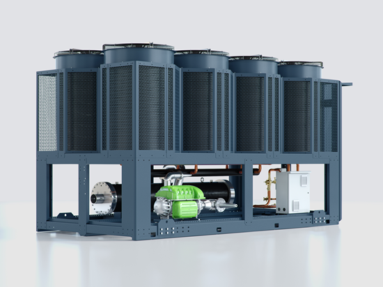 Product rendering of an air-cooled chiller unit with five rooftop fan modules and a visible green compressor inside the frame.