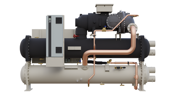 Product rendering of a water-cooled chiller unit with copper piping and a control panel, shown against a white background.