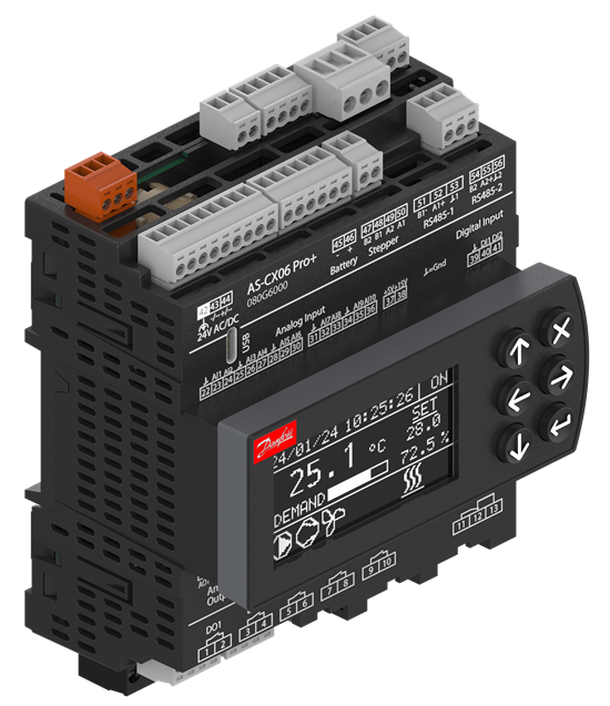 Product rendering of a Danfoss AS-CX06 Pro+ controller with a digital display showing temperature and humidity readings.