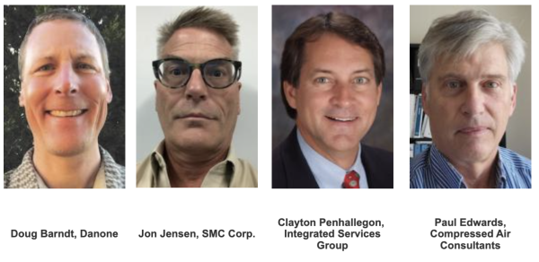 Headshots of four speakers with captions: Doug Barndt of Danone, Jon Jensen of SMC Corp., Clayton Penhallegon of Integrated Services Group, and Paul Edwards of Compressed Air Consultants.